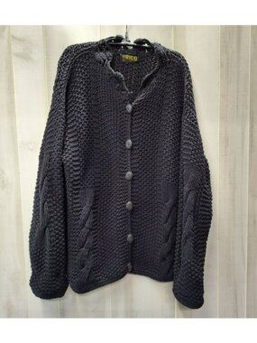 Chunky Black Knit Rico Cardigan Sweater Oval Buttons 100% Cotton Boho Crochet